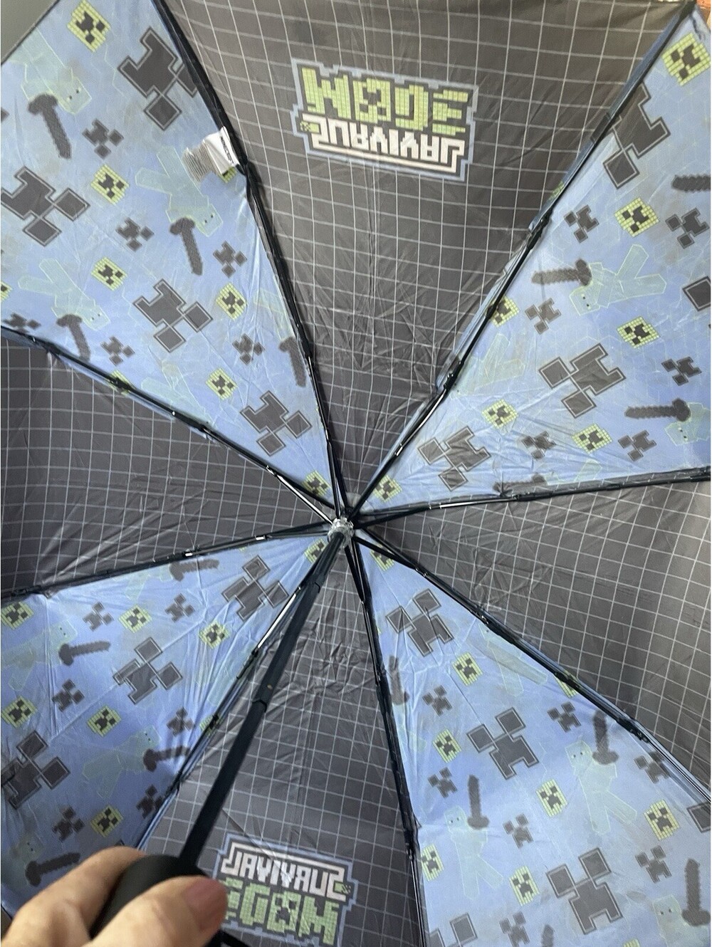 Minecraft Umbrella 38” Manual Open Folds to 10” Blue Green Black - Picture 3 of 5